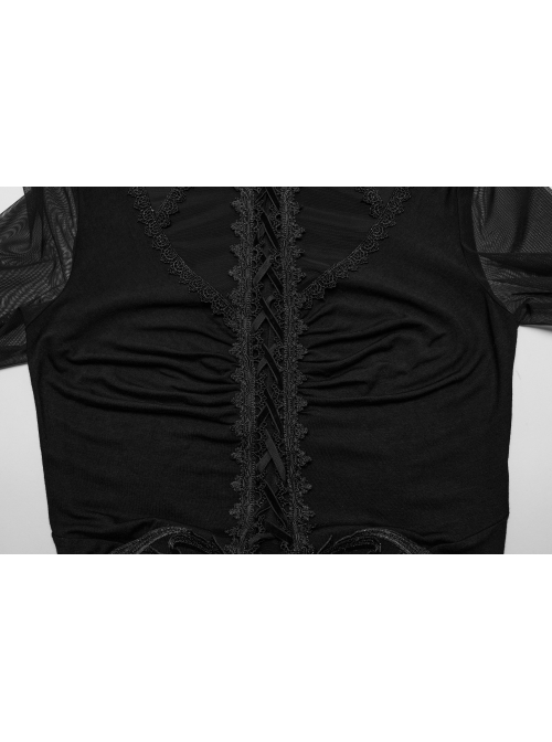 Sexy Black Micro Sheer Mesh Front Lace Drawstring With Embroidered AppliquéS Gothic Style Long Sleeved Dress