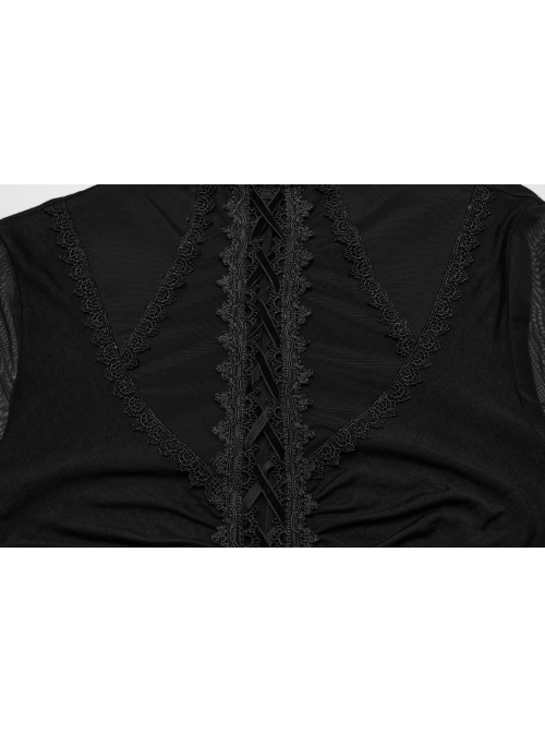 Sexy Black Micro Sheer Mesh Front Lace Drawstring With Embroidered AppliquéS Gothic Style Long Sleeved Dress