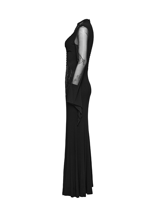 Sexy Black Micro Sheer Mesh Front Lace Drawstring With Embroidered AppliquéS Gothic Style Long Sleeved Dress