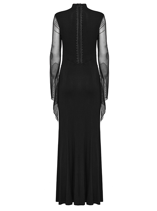 Sexy Black Micro Sheer Mesh Front Lace Drawstring With Embroidered AppliquéS Gothic Style Long Sleeved Dress