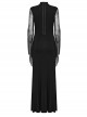 Sexy Black Micro Sheer Mesh Front Lace Drawstring With Embroidered AppliquéS Gothic Style Long Sleeved Dress