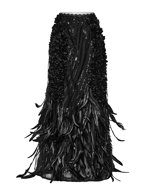 Gorgeous Black Feather Sequined Mesh With Knitted Rose Gothic Hip Hugging Skirt