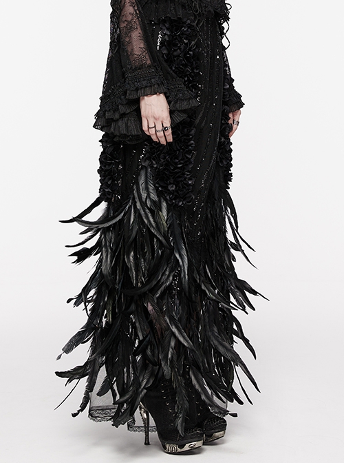 Gorgeous Black Feather Sequined Mesh With Knitted Rose Gothic Hip Hugging Skirt