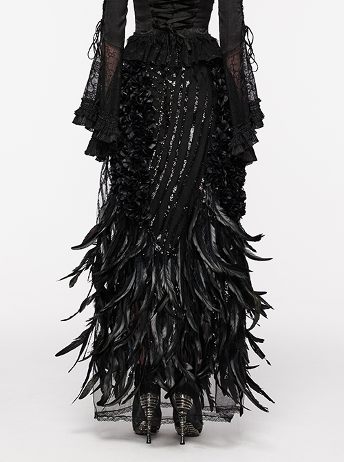 Gorgeous Black Feather Sequined Mesh With Knitted Rose Gothic Hip Hugging Skirt