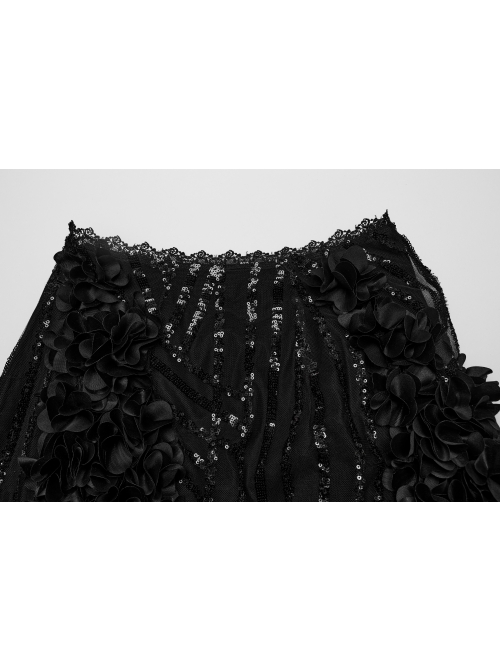 Gorgeous Black Feather Sequined Mesh With Knitted Rose Gothic Hip Hugging Skirt