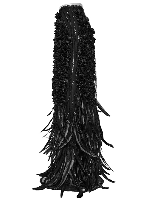 Gorgeous Black Feather Sequined Mesh With Knitted Rose Gothic Hip Hugging Skirt