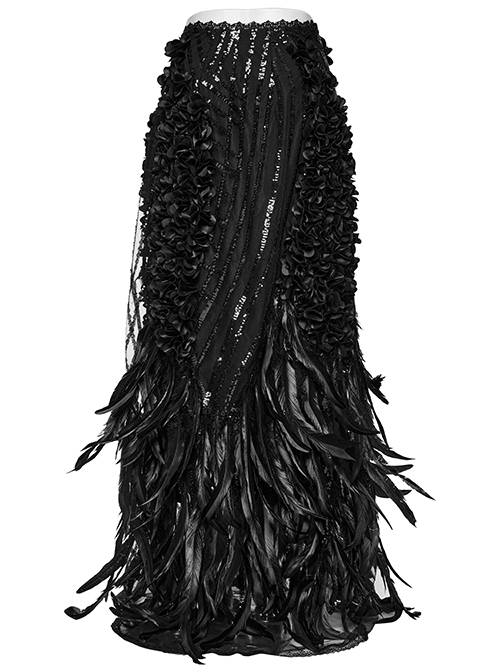 Gorgeous Black Feather Sequined Mesh With Knitted Rose Gothic Hip Hugging Skirt