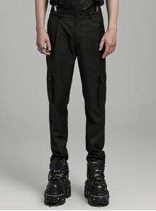 Black Simple Woven Suit Fit Punk Style Men's Cargo Trousers