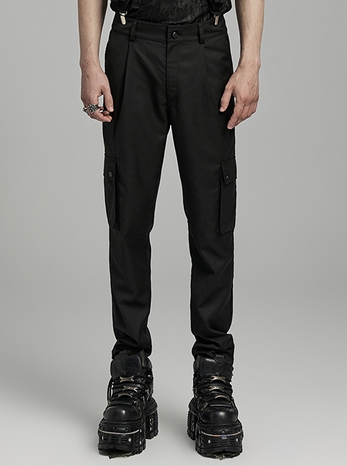 Black Simple Woven Suit Fit Punk Style Men's Cargo Trousers