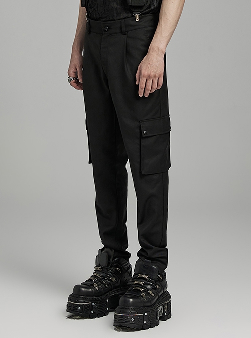 Black Simple Woven Suit Fit Punk Style Men's Cargo Trousers