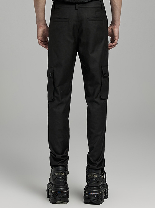 Black Simple Woven Suit Fit Punk Style Men's Cargo Trousers