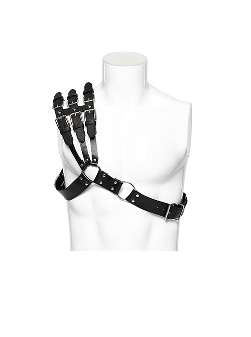Black One Shoulder Three Row Pu Leather Bag With Metal Ring Link Punk Style Adjustable Harness