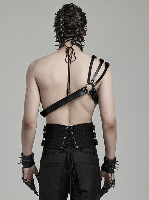 Black One Shoulder Three Row Pu Leather Bag With Metal Ring Link Punk Style Adjustable Harness