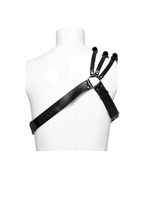Black One Shoulder Three Row Pu Leather Bag With Metal Ring Link Punk Style Adjustable Harness