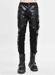 Black Asymmetric Rivet Side Pocket Splice Hand Rubbed Leather Punk Pants