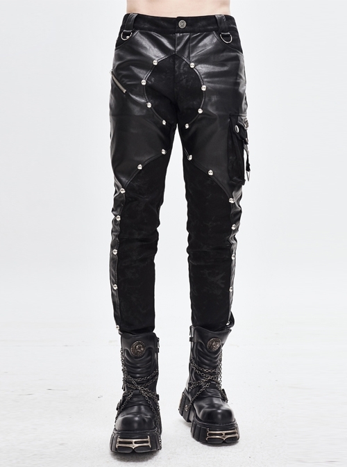 Black Asymmetric Rivet Side Pocket Splice Hand Rubbed Leather Punk Pants