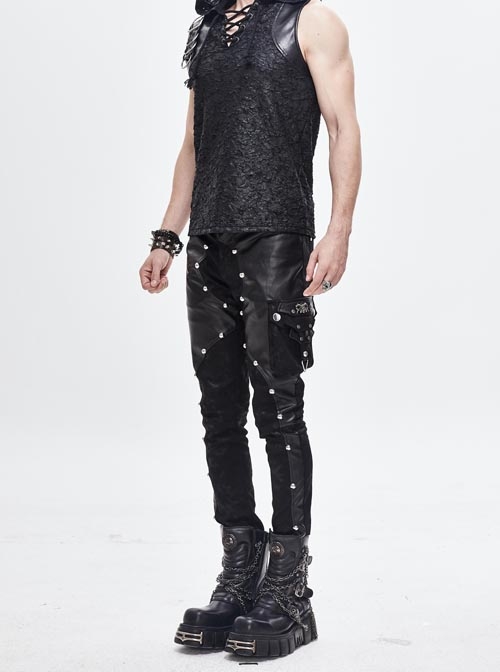 Black Asymmetric Rivet Side Pocket Splice Hand Rubbed Leather Punk Pants