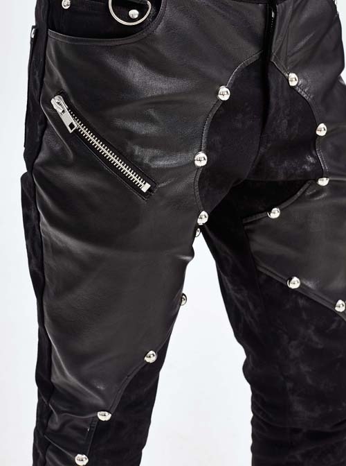 Black Asymmetric Rivet Side Pocket Splice Hand Rubbed Leather Punk Pants