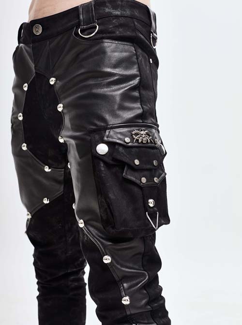Black Asymmetric Rivet Side Pocket Splice Hand Rubbed Leather Punk Pants