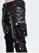 Black Asymmetric Rivet Side Pocket Splice Hand Rubbed Leather Punk Pants