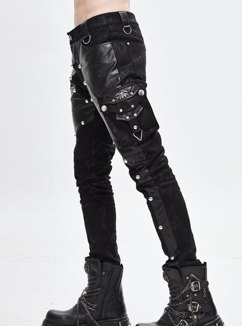 Black Asymmetric Rivet Side Pocket Splice Hand Rubbed Leather Punk Pants
