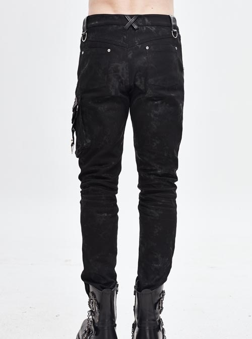 Black Asymmetric Rivet Side Pocket Splice Hand Rubbed Leather Punk Pants
