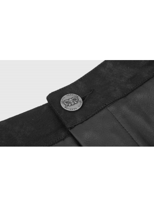 Black Asymmetric Rivet Side Pocket Splice Hand Rubbed Leather Punk Pants
