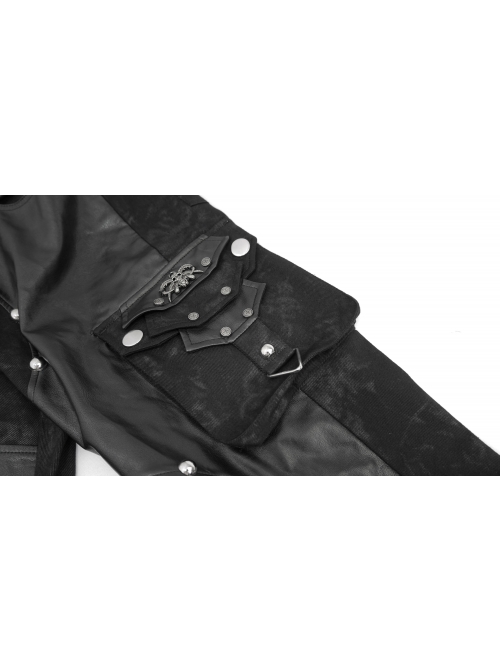 Black Asymmetric Rivet Side Pocket Splice Hand Rubbed Leather Punk Pants