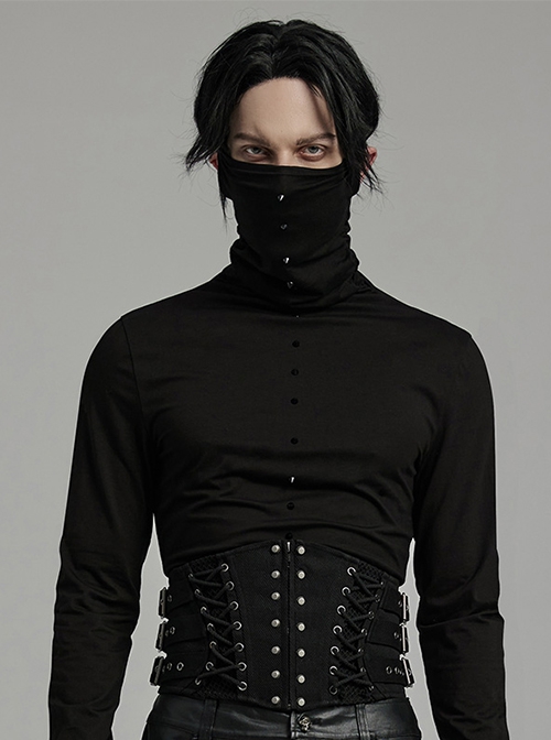 Personalized Black Non Elastic Denim With Mesh Front Center Zipper And String Punk Style Adjustable Men`s Girdle