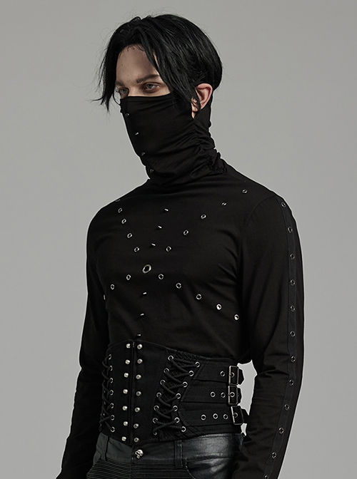 Personalized Black Non Elastic Denim With Mesh Front Center Zipper And String Punk Style Adjustable Men`s Girdle