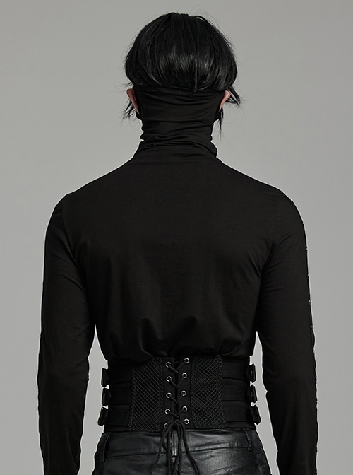 Personalized Black Non Elastic Denim With Mesh Front Center Zipper And String Punk Style Adjustable Men`s Girdle