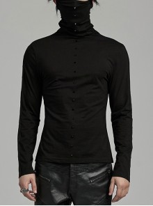Handsome Black Simple Stretch High Collar Ear Hanging Punk Style Long Sleeve T-Shirt