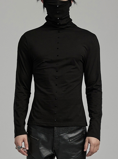 Handsome Black Simple Stretch High Collar Ear Hanging Punk Style Long Sleeve T-Shirt