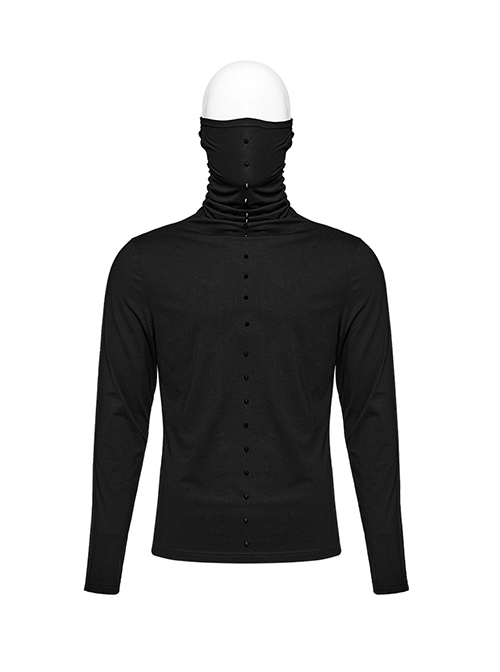 Handsome Black Simple Stretch High Collar Ear Hanging Punk Style Long Sleeve T-Shirt