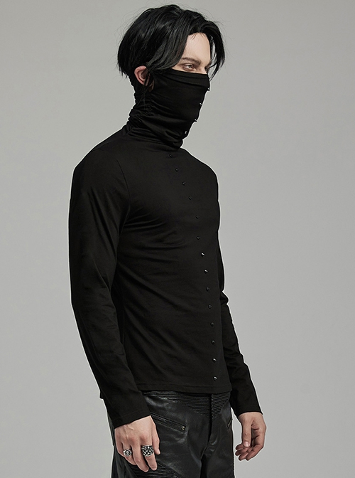 Handsome Black Simple Stretch High Collar Ear Hanging Punk Style Long Sleeve T-Shirt