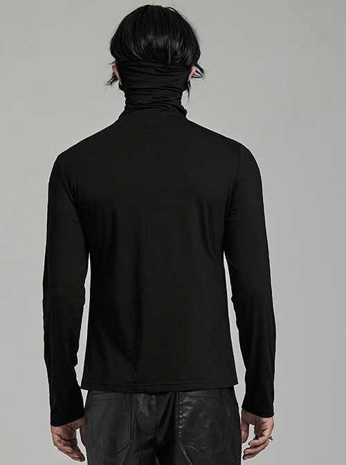 Handsome Black Simple Stretch High Collar Ear Hanging Punk Style Long Sleeve T-Shirt