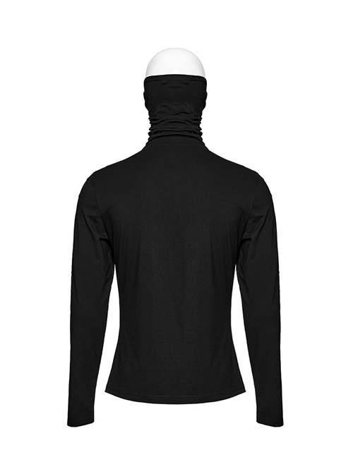 Handsome Black Simple Stretch High Collar Ear Hanging Punk Style Long Sleeve T-Shirt