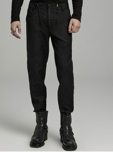 Black Simple Fit Non Elastic Woven String Punk Style Men's Trousers