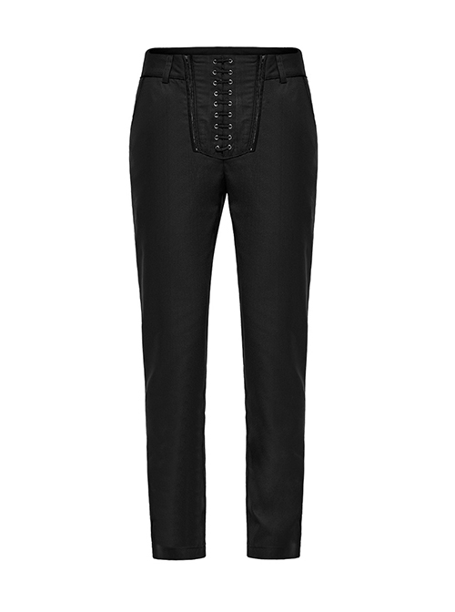 Black Simple Fit Non Elastic Woven String Punk Style Men's Trousers