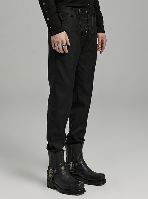 Black Simple Fit Non Elastic Woven String Punk Style Men's Trousers