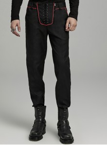 Black And Red Simple Fit Non Elastic Woven String Punk Style Men's Trousers