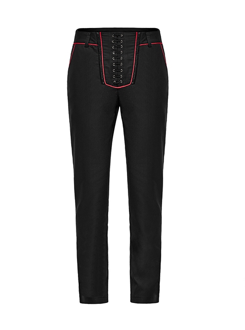 Black And Red Simple Fit Non Elastic Woven String Punk Style Men's Trousers