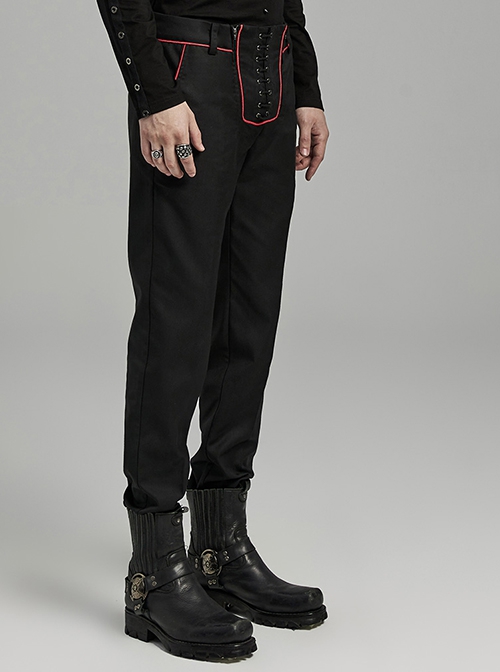 Black And Red Simple Fit Non Elastic Woven String Punk Style Men's Trousers