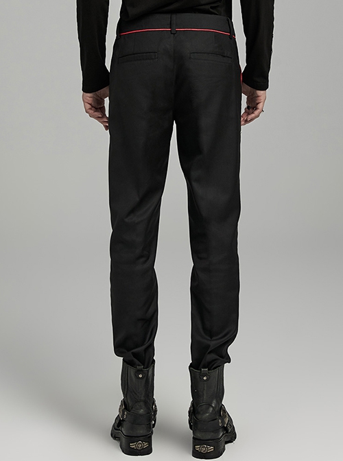 Black And Red Simple Fit Non Elastic Woven String Punk Style Men's Trousers