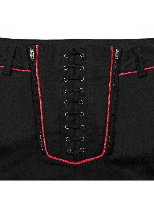 Black And Red Simple Fit Non Elastic Woven String Punk Style Men's Trousers