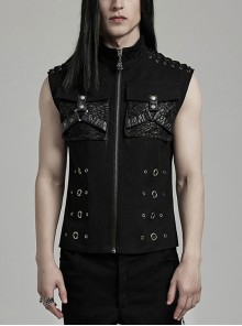 Handsome Black Twill Woven Stitching Crackled Leather Mesh Shoulder Eyelet String Punk Style Sleeveless Three Dimensional Vest