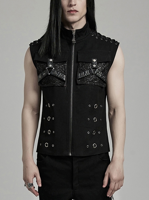 Handsome Black Twill Woven Stitching Crackled Leather Mesh Shoulder Eyelet String Punk Style Sleeveless Three Dimensional Vest