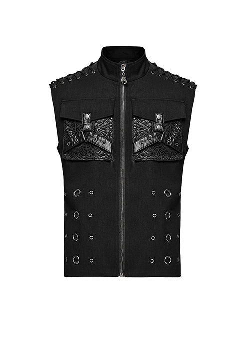 Handsome Black Twill Woven Stitching Crackled Leather Mesh Shoulder Eyelet String Punk Style Sleeveless Three Dimensional Vest
