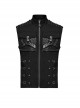 Handsome Black Twill Woven Stitching Crackled Leather Mesh Shoulder Eyelet String Punk Style Sleeveless Three Dimensional Vest