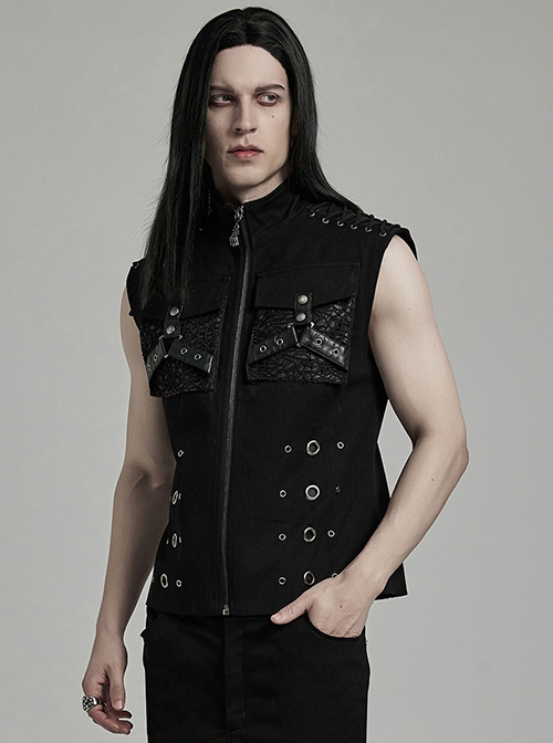 Handsome Black Twill Woven Stitching Crackled Leather Mesh Shoulder Eyelet String Punk Style Sleeveless Three Dimensional Vest